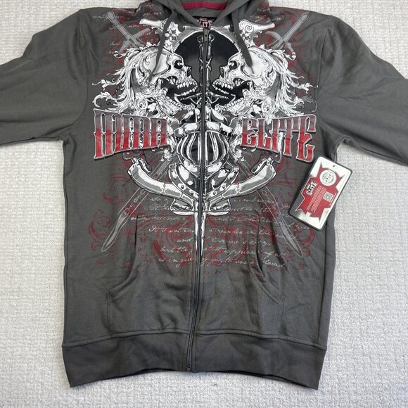 NWT MMA Elite Hoodie Gray Full Zip Up Small Y2K Goth Skull Punk Affliction Style - Picture 11 of 16